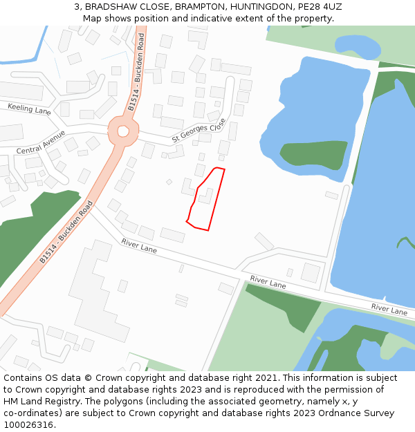 3, BRADSHAW CLOSE, BRAMPTON, HUNTINGDON, PE28 4UZ: Location map and indicative extent of plot