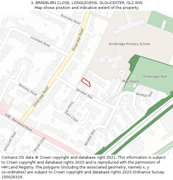 3, BRAEBURN CLOSE, LONGLEVENS, GLOUCESTER, GL2 0NS: Location map and indicative extent of plot