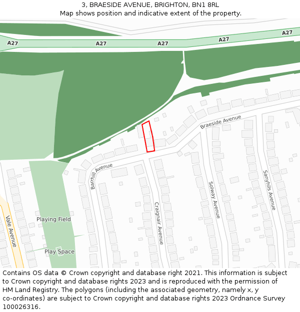 3, BRAESIDE AVENUE, BRIGHTON, BN1 8RL: Location map and indicative extent of plot