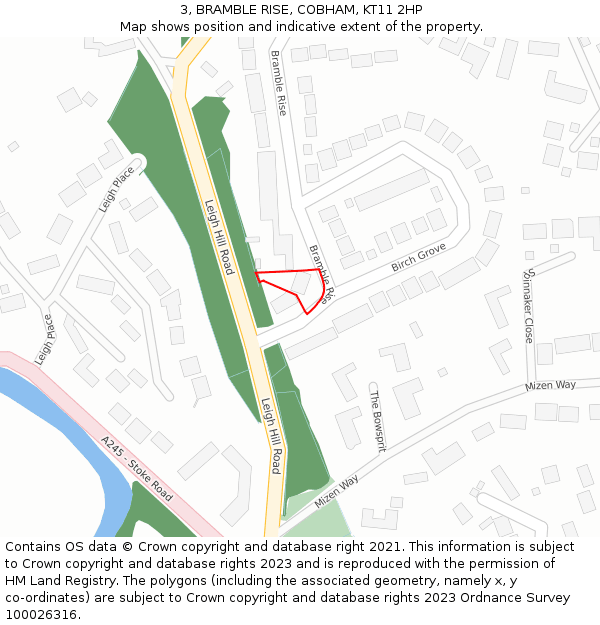 3, BRAMBLE RISE, COBHAM, KT11 2HP: Location map and indicative extent of plot