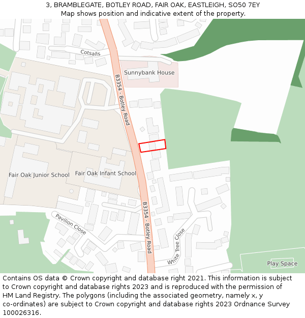 3, BRAMBLEGATE, BOTLEY ROAD, FAIR OAK, EASTLEIGH, SO50 7EY: Location map and indicative extent of plot