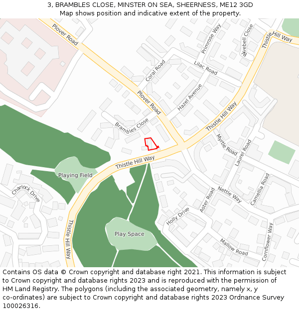 3, BRAMBLES CLOSE, MINSTER ON SEA, SHEERNESS, ME12 3GD: Location map and indicative extent of plot