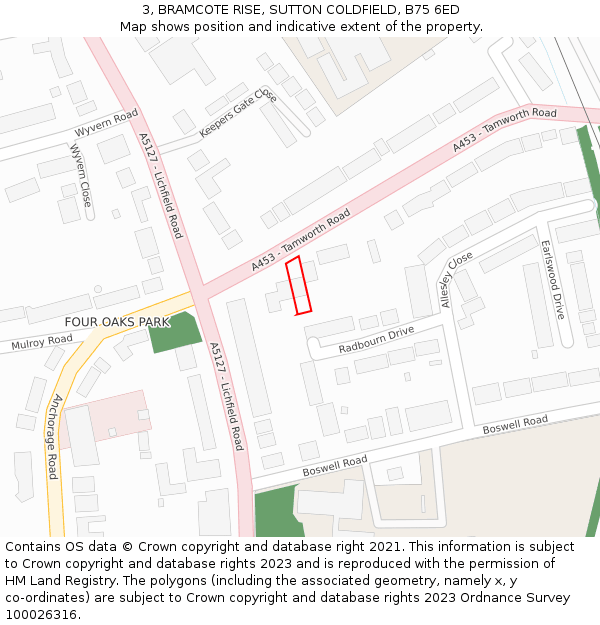 3, BRAMCOTE RISE, SUTTON COLDFIELD, B75 6ED: Location map and indicative extent of plot