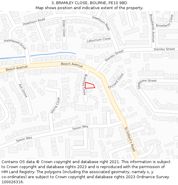 3, BRAMLEY CLOSE, BOURNE, PE10 9BD: Location map and indicative extent of plot