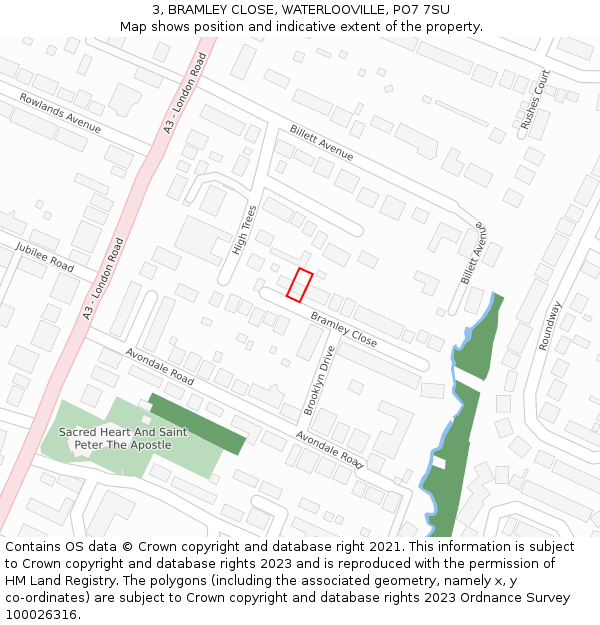 3, BRAMLEY CLOSE, WATERLOOVILLE, PO7 7SU: Location map and indicative extent of plot