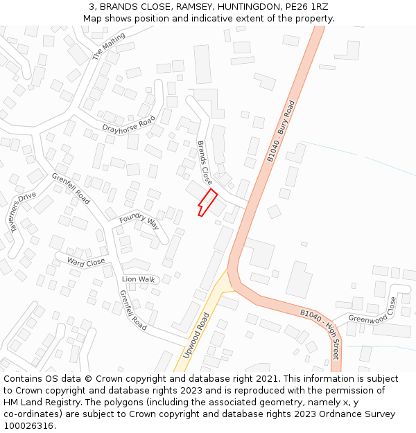 3, BRANDS CLOSE, RAMSEY, HUNTINGDON, PE26 1RZ: Location map and indicative extent of plot