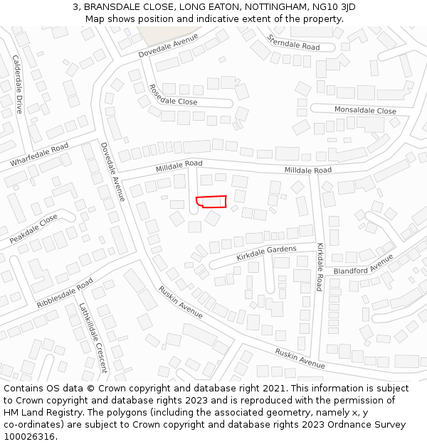 3, BRANSDALE CLOSE, LONG EATON, NOTTINGHAM, NG10 3JD: Location map and indicative extent of plot