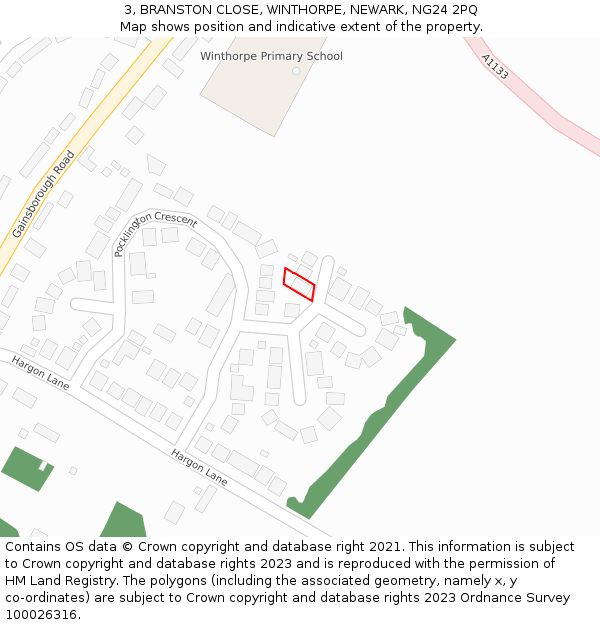 3, BRANSTON CLOSE, WINTHORPE, NEWARK, NG24 2PQ: Location map and indicative extent of plot