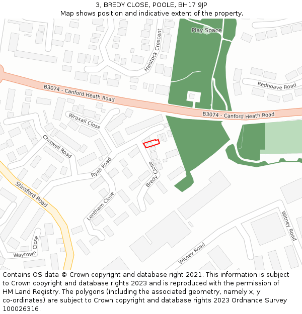 3, BREDY CLOSE, POOLE, BH17 9JP: Location map and indicative extent of plot