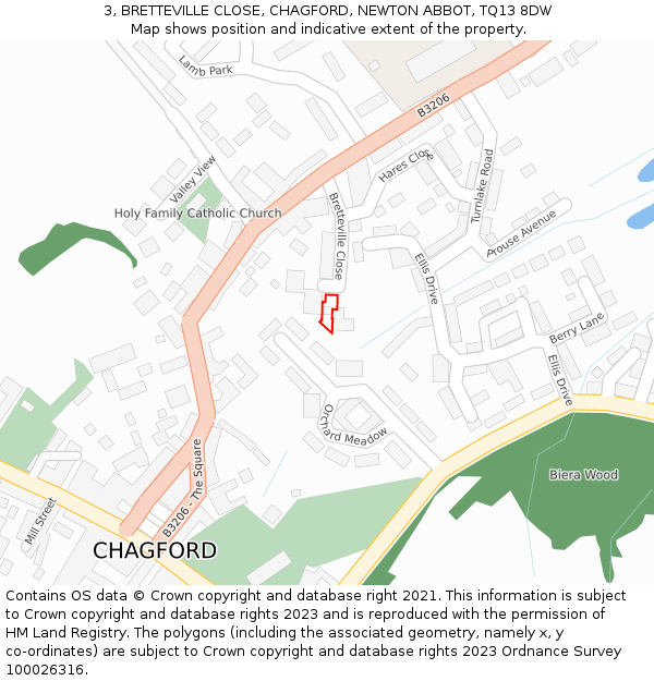 3, BRETTEVILLE CLOSE, CHAGFORD, NEWTON ABBOT, TQ13 8DW: Location map and indicative extent of plot