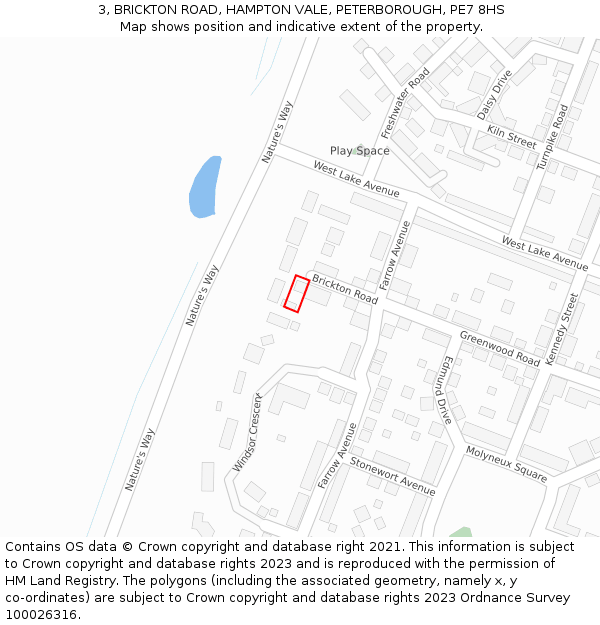 3, BRICKTON ROAD, HAMPTON VALE, PETERBOROUGH, PE7 8HS: Location map and indicative extent of plot