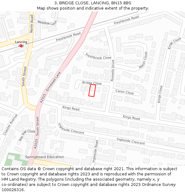 3, BRIDGE CLOSE, LANCING, BN15 8BS: Location map and indicative extent of plot