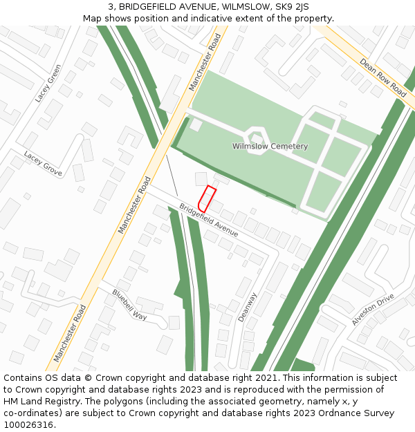 3, BRIDGEFIELD AVENUE, WILMSLOW, SK9 2JS: Location map and indicative extent of plot