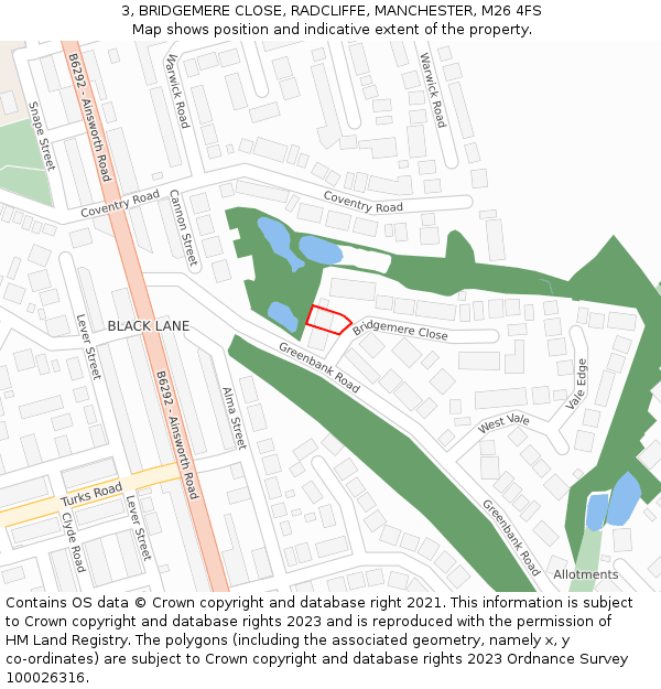 3, BRIDGEMERE CLOSE, RADCLIFFE, MANCHESTER, M26 4FS: Location map and indicative extent of plot