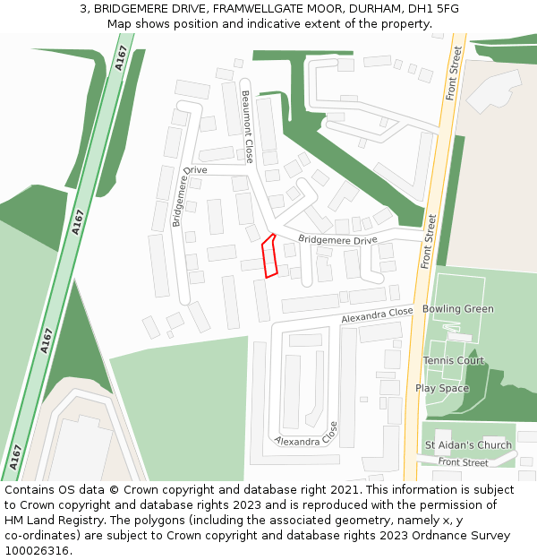 3, BRIDGEMERE DRIVE, FRAMWELLGATE MOOR, DURHAM, DH1 5FG: Location map and indicative extent of plot