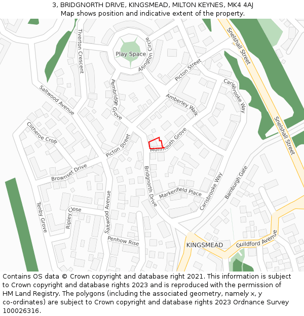 3, BRIDGNORTH DRIVE, KINGSMEAD, MILTON KEYNES, MK4 4AJ: Location map and indicative extent of plot