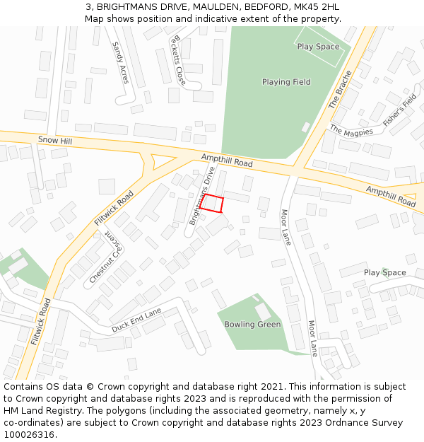 3, BRIGHTMANS DRIVE, MAULDEN, BEDFORD, MK45 2HL: Location map and indicative extent of plot