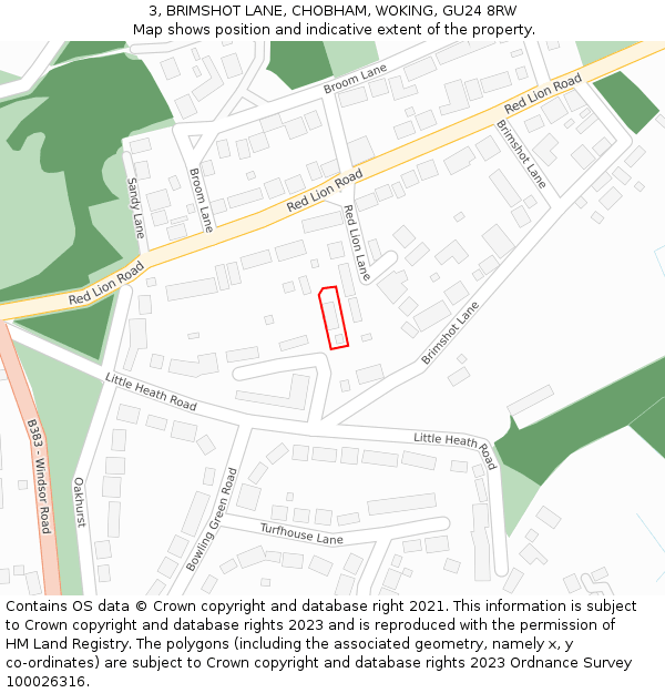 3, BRIMSHOT LANE, CHOBHAM, WOKING, GU24 8RW: Location map and indicative extent of plot