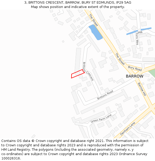 3, BRITTONS CRESCENT, BARROW, BURY ST EDMUNDS, IP29 5AG: Location map and indicative extent of plot