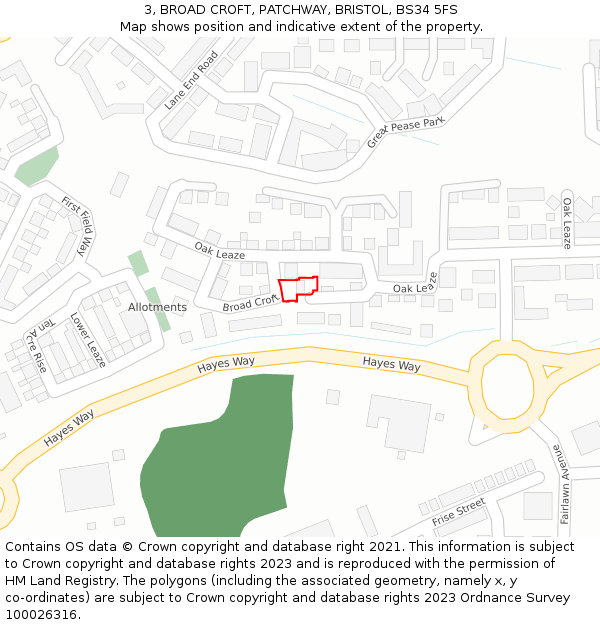 3, BROAD CROFT, PATCHWAY, BRISTOL, BS34 5FS: Location map and indicative extent of plot