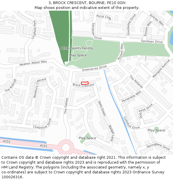 3, BROCK CRESCENT, BOURNE, PE10 0GN: Location map and indicative extent of plot