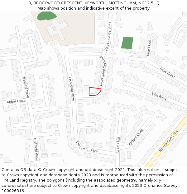 3, BROCKWOOD CRESCENT, KEYWORTH, NOTTINGHAM, NG12 5HQ: Location map and indicative extent of plot