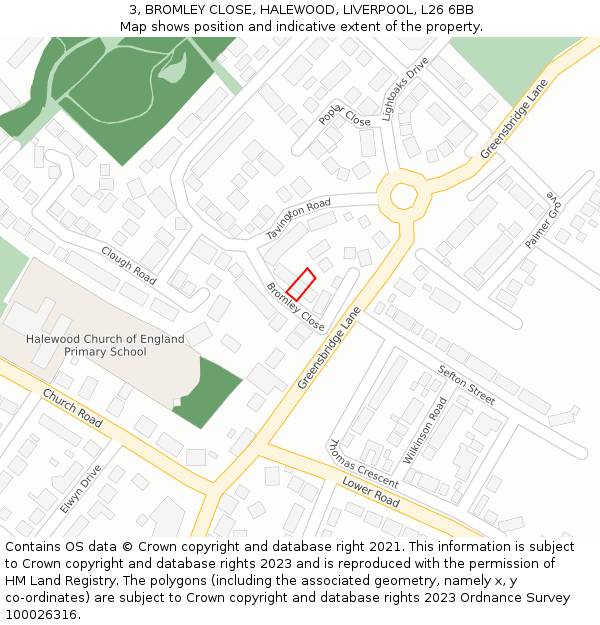 3, BROMLEY CLOSE, HALEWOOD, LIVERPOOL, L26 6BB: Location map and indicative extent of plot