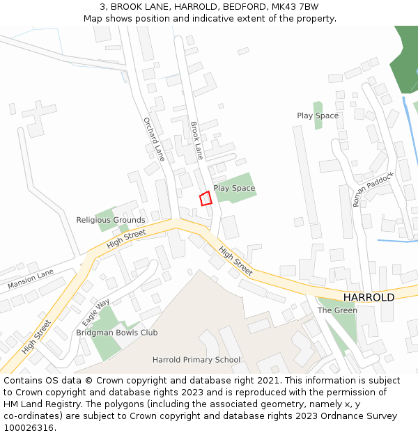 3, BROOK LANE, HARROLD, BEDFORD, MK43 7BW: Location map and indicative extent of plot