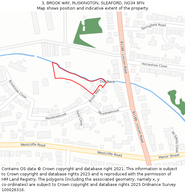 3, BROOK WAY, RUSKINGTON, SLEAFORD, NG34 9FN: Location map and indicative extent of plot