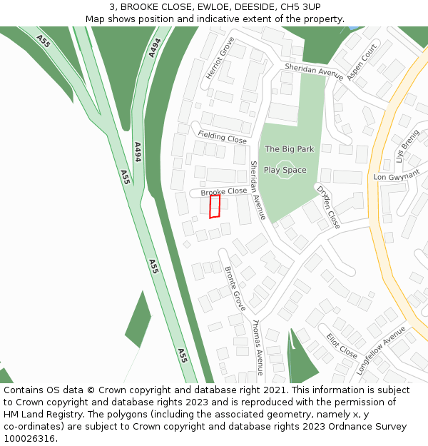 3, BROOKE CLOSE, EWLOE, DEESIDE, CH5 3UP: Location map and indicative extent of plot