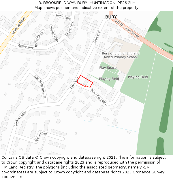 3, BROOKFIELD WAY, BURY, HUNTINGDON, PE26 2LH: Location map and indicative extent of plot