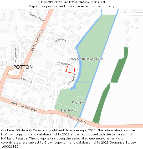 3, BROOKFIELDS, POTTON, SANDY, SG19 2TL: Location map and indicative extent of plot