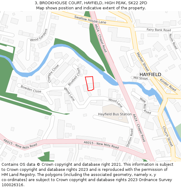 3, BROOKHOUSE COURT, HAYFIELD, HIGH PEAK, SK22 2PD: Location map and indicative extent of plot