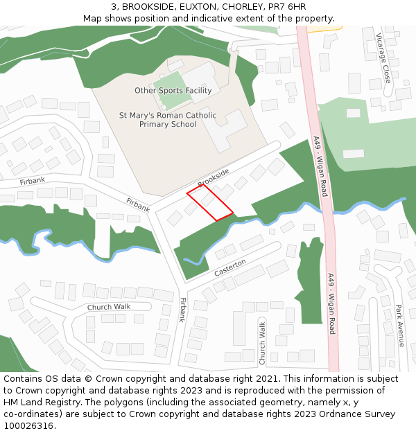 3, BROOKSIDE, EUXTON, CHORLEY, PR7 6HR: Location map and indicative extent of plot