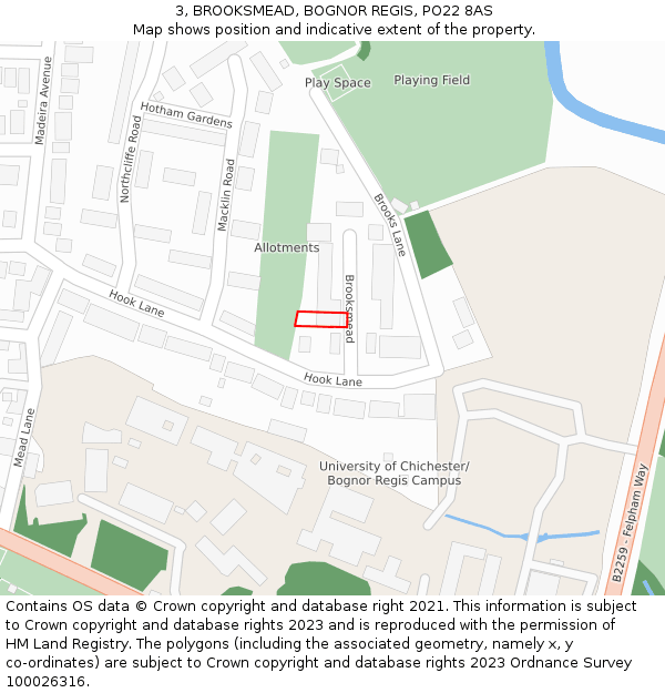 3, BROOKSMEAD, BOGNOR REGIS, PO22 8AS: Location map and indicative extent of plot