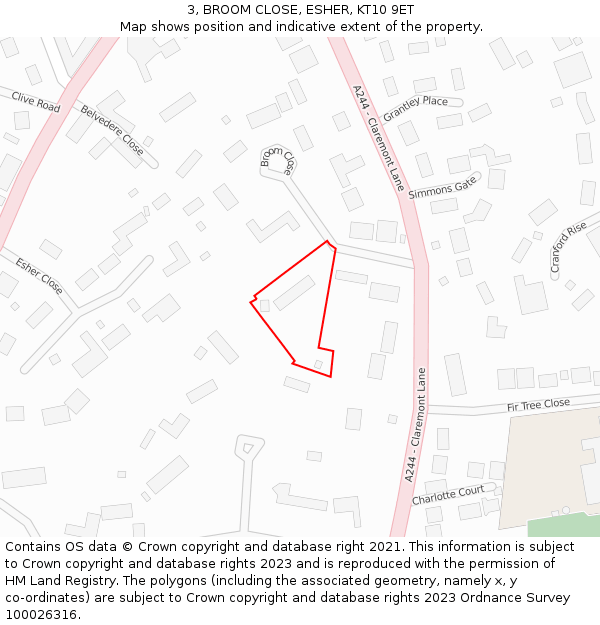 3, BROOM CLOSE, ESHER, KT10 9ET: Location map and indicative extent of plot