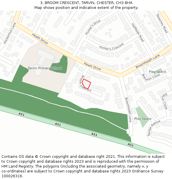 3, BROOM CRESCENT, TARVIN, CHESTER, CH3 8HA: Location map and indicative extent of plot