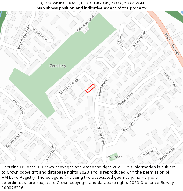 3, BROWNING ROAD, POCKLINGTON, YORK, YO42 2GN: Location map and indicative extent of plot