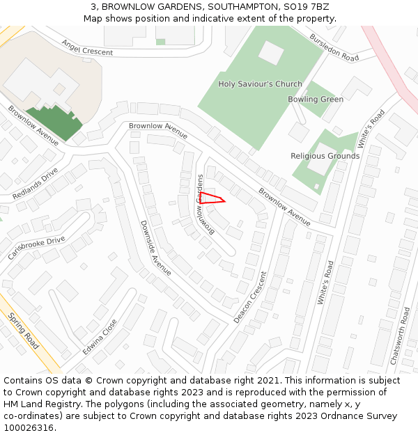 3, BROWNLOW GARDENS, SOUTHAMPTON, SO19 7BZ: Location map and indicative extent of plot