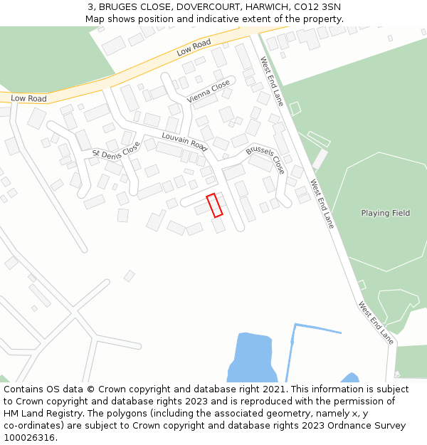 3, BRUGES CLOSE, DOVERCOURT, HARWICH, CO12 3SN: Location map and indicative extent of plot