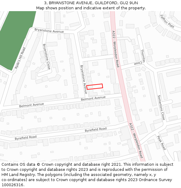 3, BRYANSTONE AVENUE, GUILDFORD, GU2 9UN: Location map and indicative extent of plot