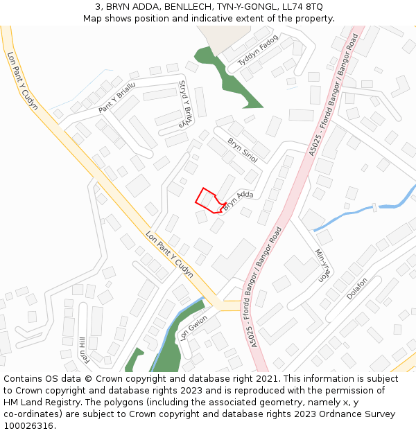 3, BRYN ADDA, BENLLECH, TYN-Y-GONGL, LL74 8TQ: Location map and indicative extent of plot