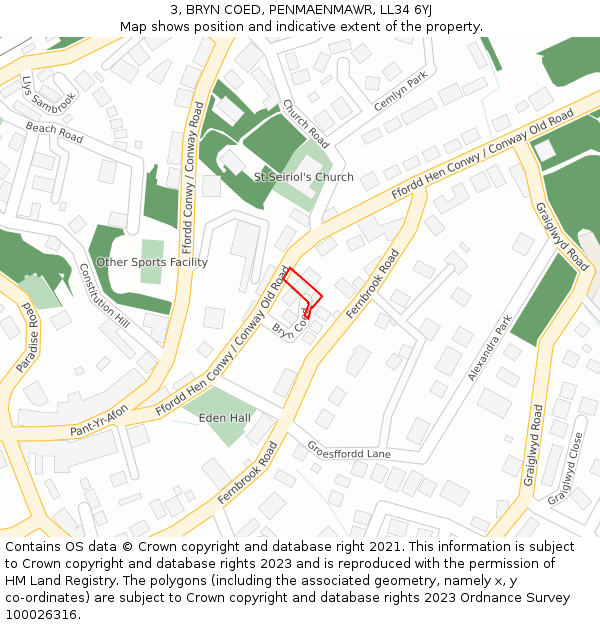 3, BRYN COED, PENMAENMAWR, LL34 6YJ: Location map and indicative extent of plot