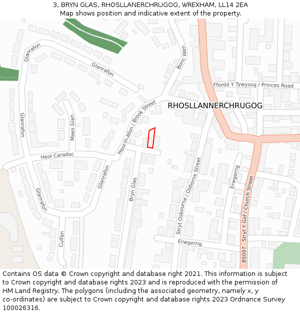 3, BRYN GLAS, RHOSLLANERCHRUGOG, WREXHAM, LL14 2EA: Location map and indicative extent of plot