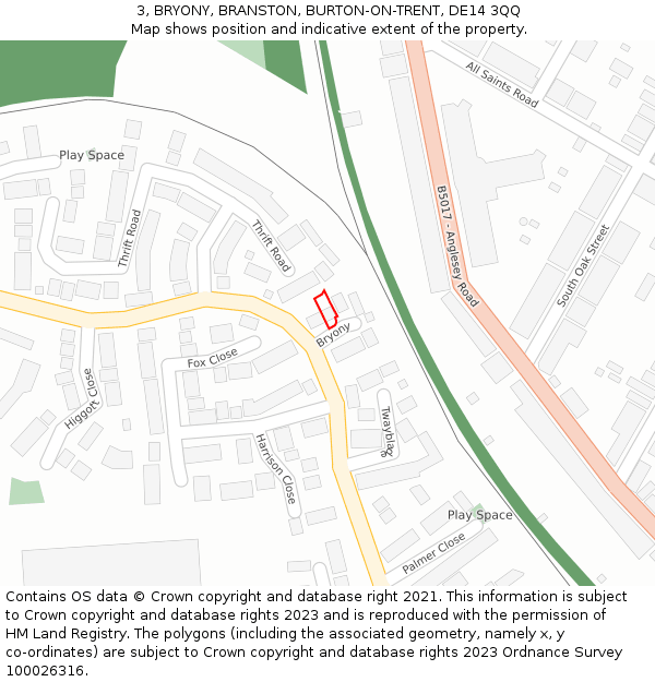3, BRYONY, BRANSTON, BURTON-ON-TRENT, DE14 3QQ: Location map and indicative extent of plot