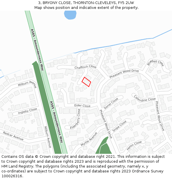 3, BRYONY CLOSE, THORNTON-CLEVELEYS, FY5 2UW: Location map and indicative extent of plot