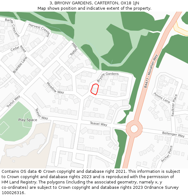 3, BRYONY GARDENS, CARTERTON, OX18 1JN: Location map and indicative extent of plot