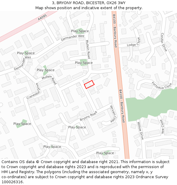 3, BRYONY ROAD, BICESTER, OX26 3WY: Location map and indicative extent of plot