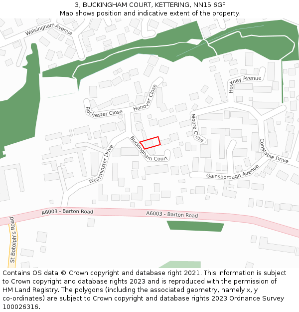 3, BUCKINGHAM COURT, KETTERING, NN15 6GF: Location map and indicative extent of plot