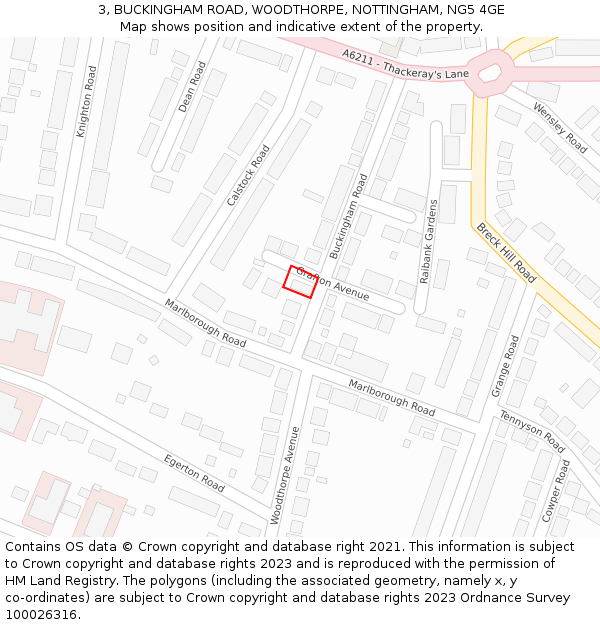 3, BUCKINGHAM ROAD, WOODTHORPE, NOTTINGHAM, NG5 4GE: Location map and indicative extent of plot